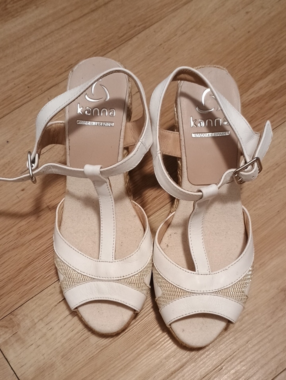 kanna Cream & White T‑Strap Wedge Espadrille Sandals